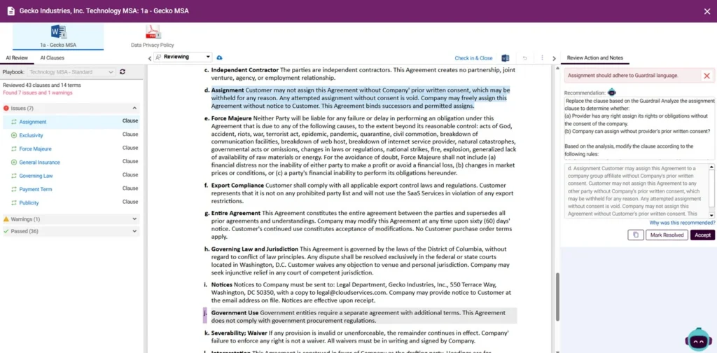 Screenshot of standardized contract drafting in Malbek CLM