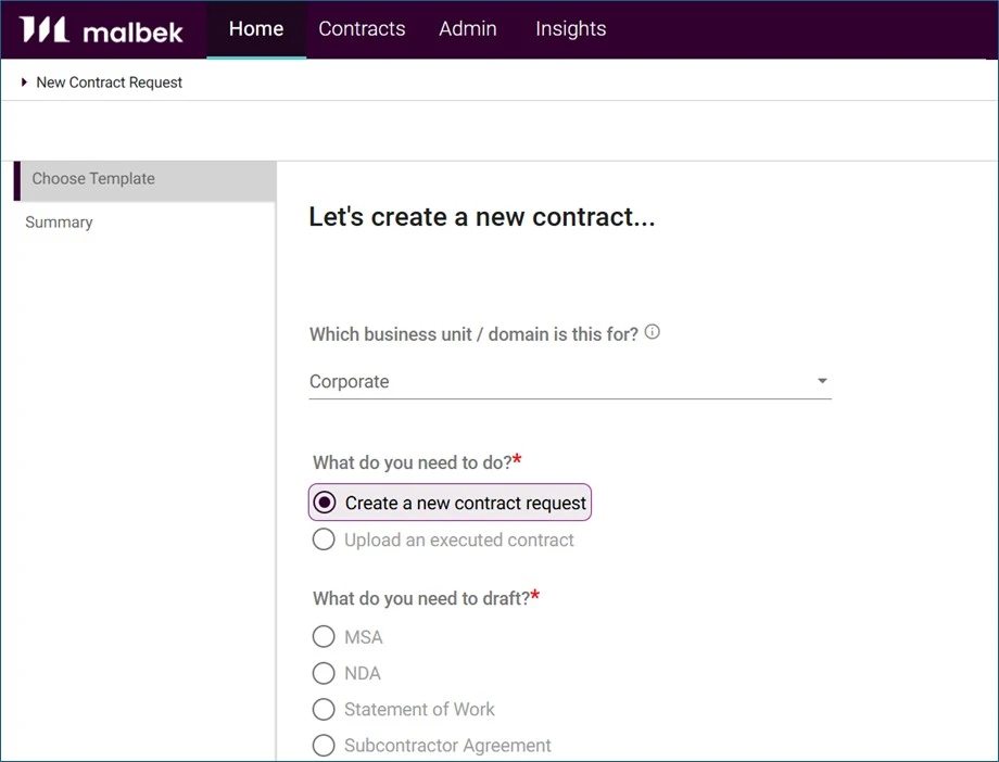 Start of contract creation in Malbek using Contract Templates.
