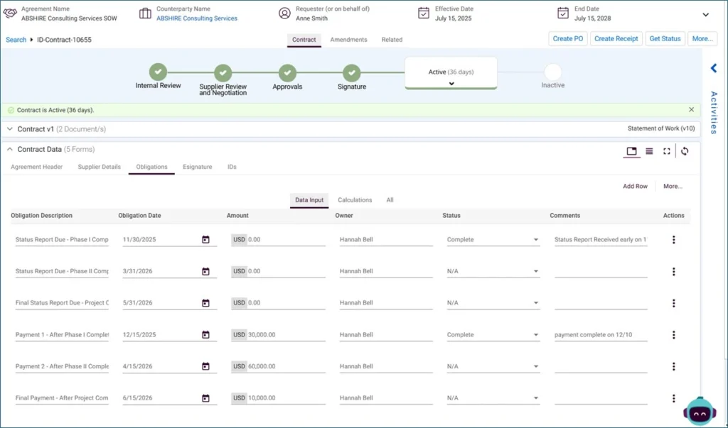 Obligation Tracking with deadlines in Malbek CLM.
